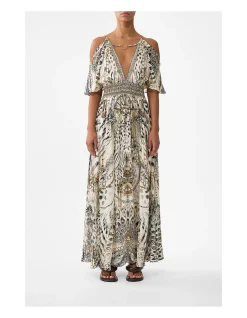 NECK CHARM SHIRRED WAIST LONG DRESS