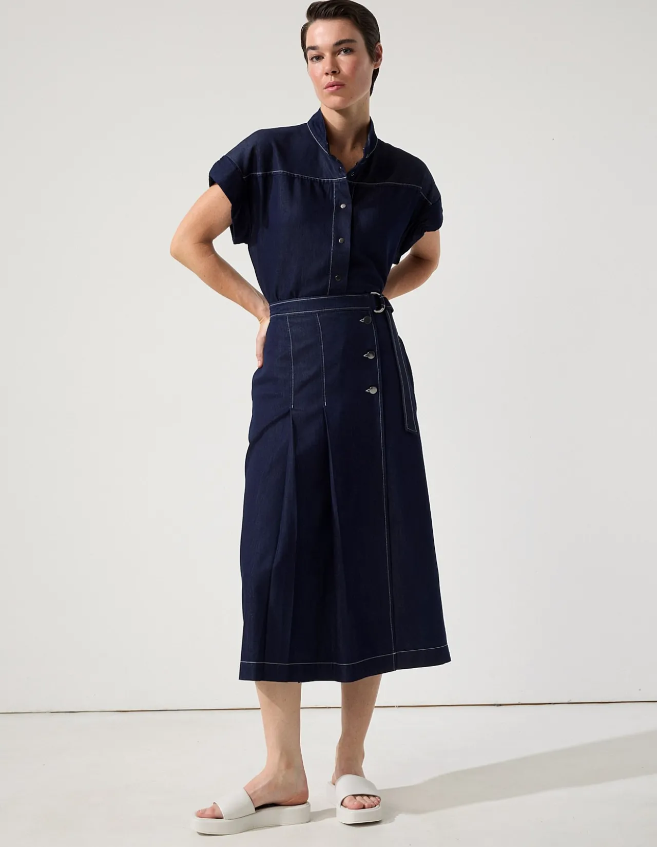 PLEATED DARK DENIM MIDI SKIRT