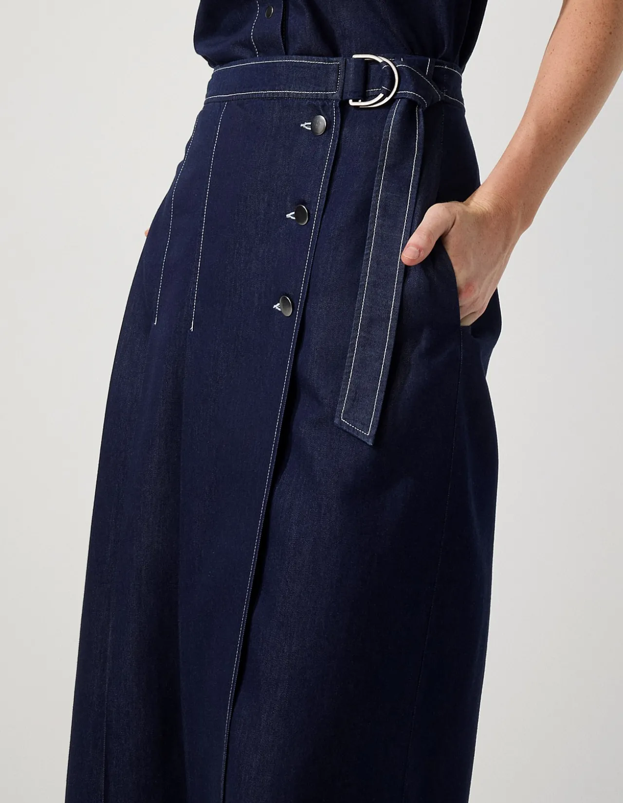 PLEATED DARK DENIM MIDI SKIRT