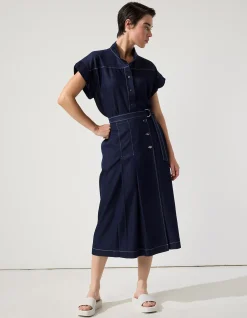 PLEATED DARK DENIM MIDI SKIRT