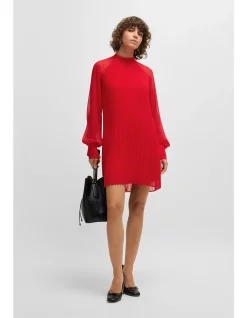 Plissé-pleat dress with high neckline