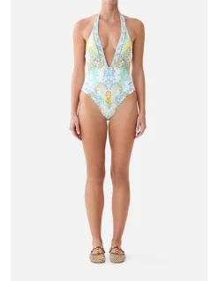 PLUNGE HALTER ONE PIECE W BAR FRONT TRIM