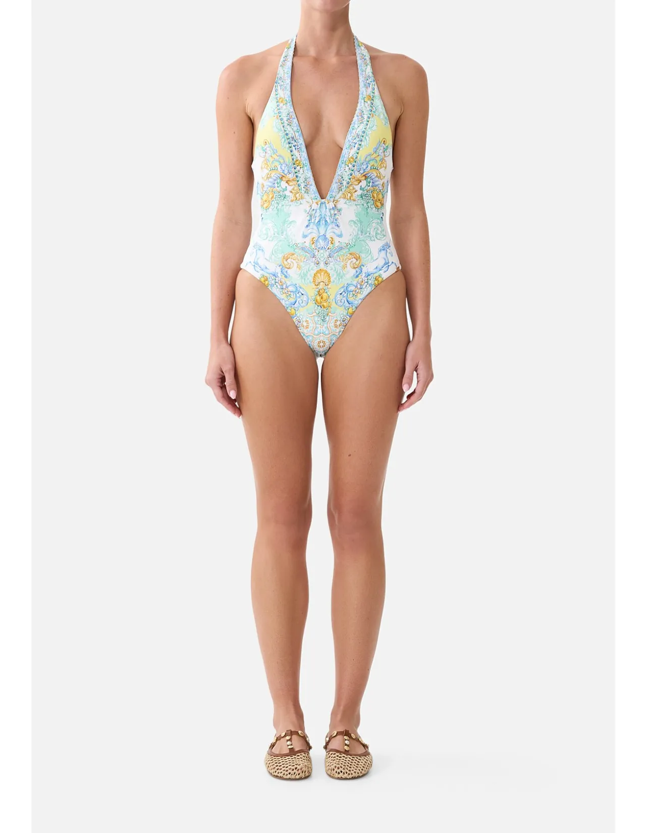 PLUNGE HALTER ONE PIECE W BAR FRONT TRIM