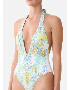 PLUNGE HALTER ONE PIECE W BAR FRONT TRIM