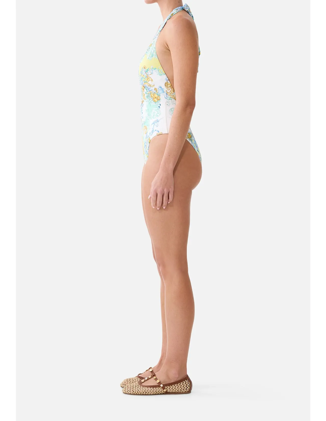 PLUNGE HALTER ONE PIECE W BAR FRONT TRIM