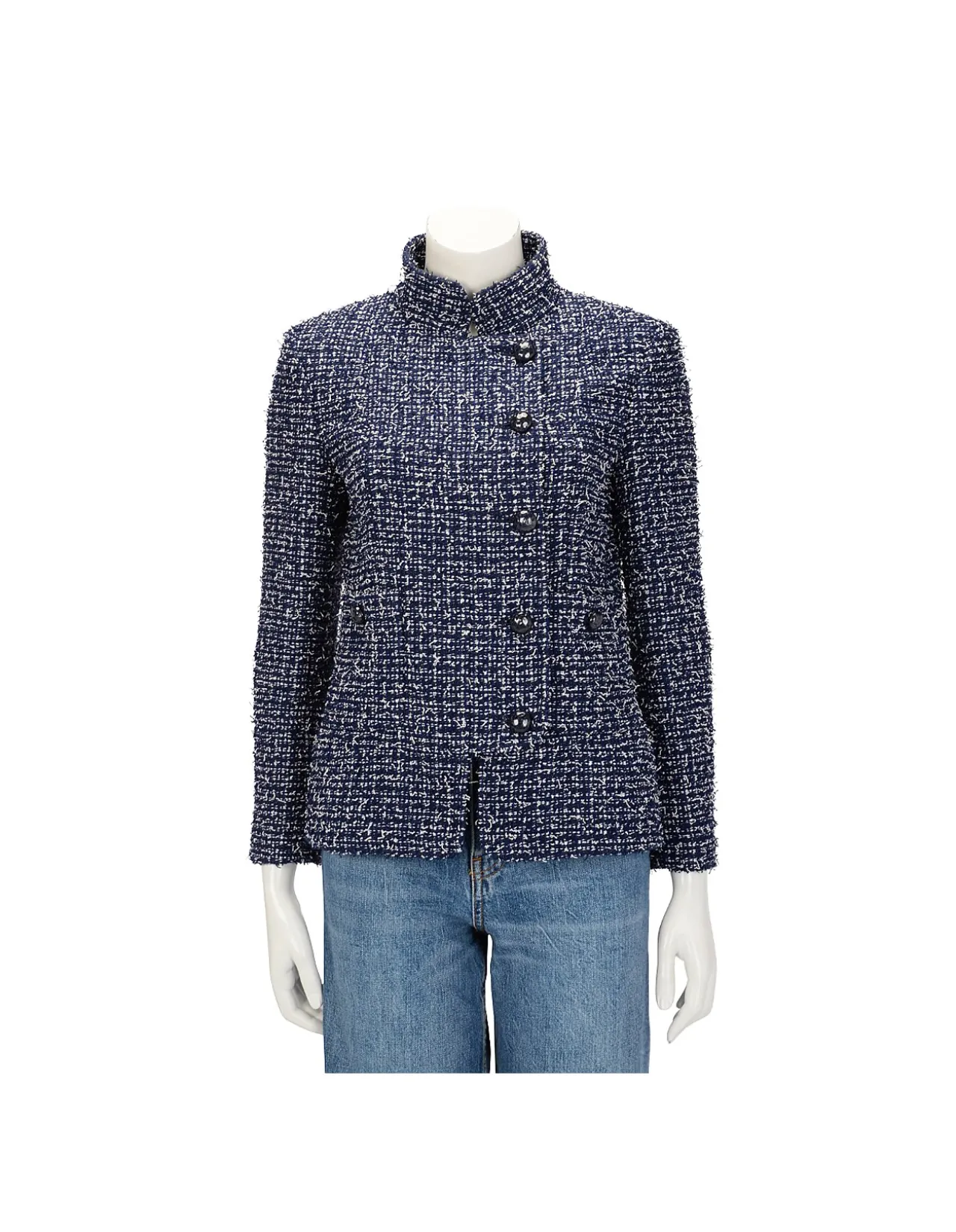 PRE-LOVED CHANEL NAVY FANTASY TWEED MILITARY COLLAR JACKET