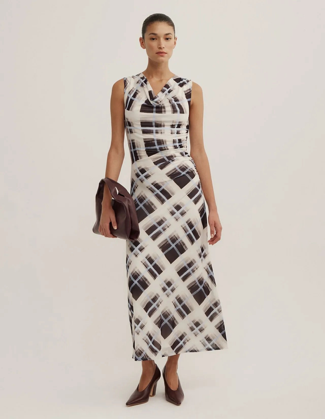 Ruched Cowl Mesh Dress