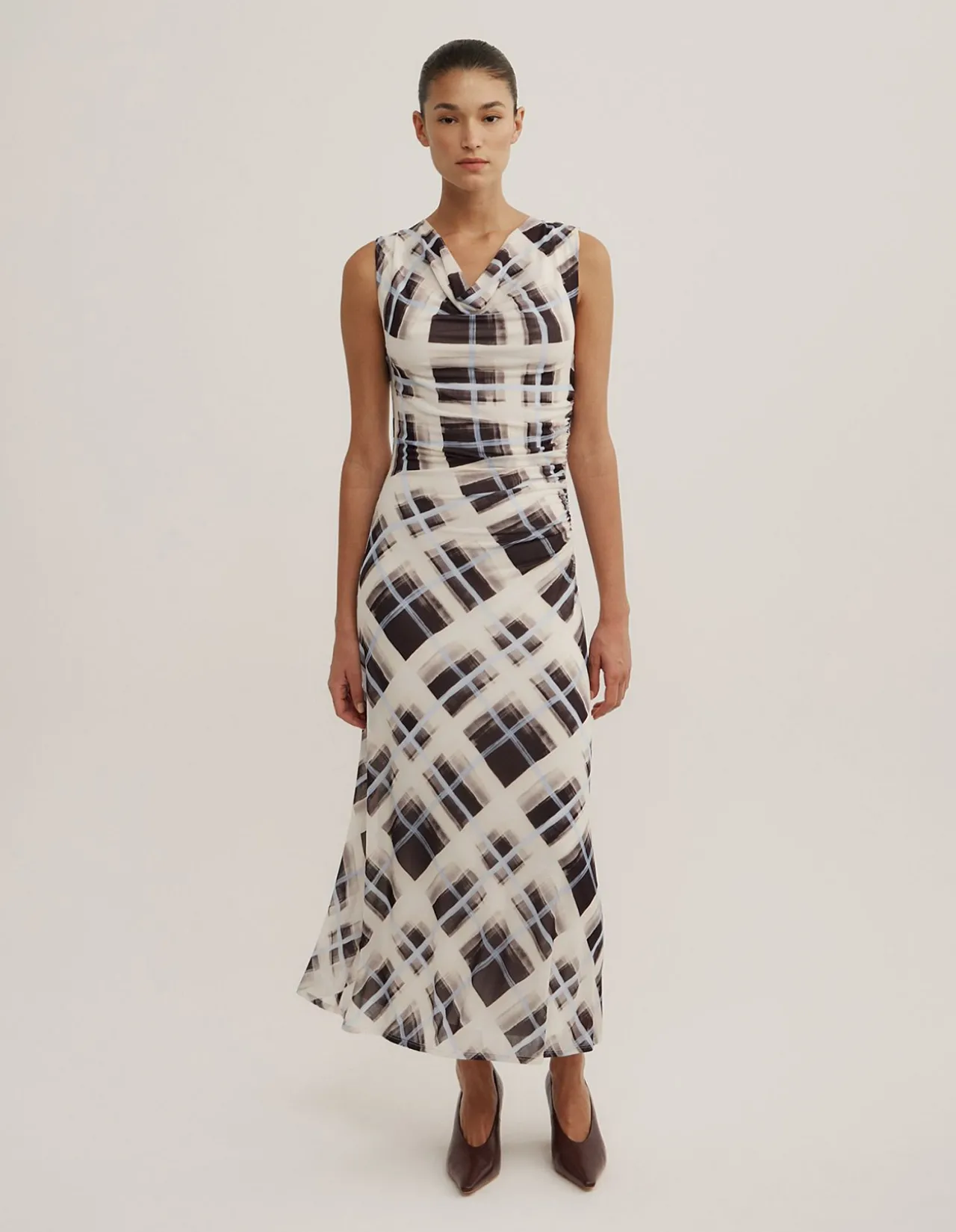 Ruched Cowl Mesh Dress
