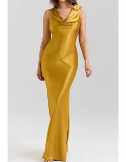 SAFAIRA SATIN DRAPED COWL NECK MAXI DRESS