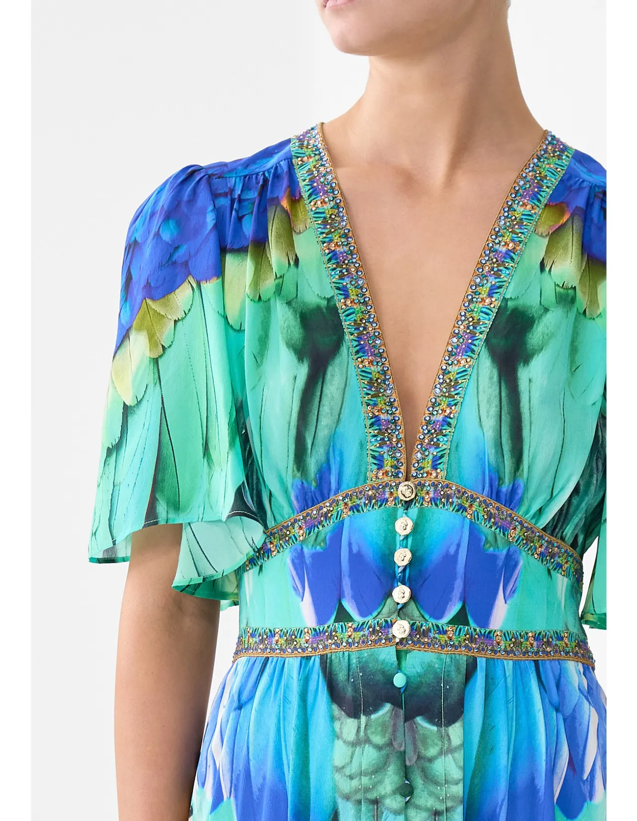 SHAPED WAISTBAND DRESS WITH FLUTTER SLEEVES