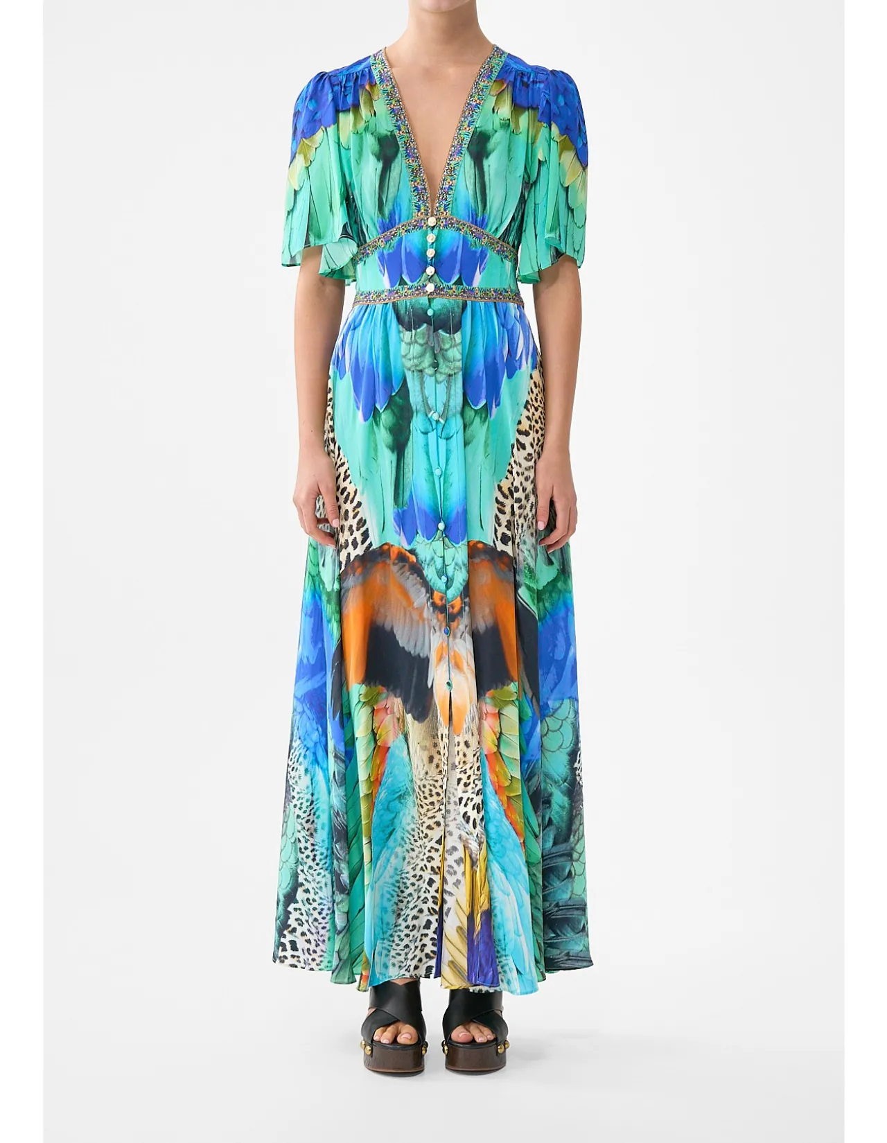 SHAPED WAISTBAND DRESS WITH FLUTTER SLEEVES