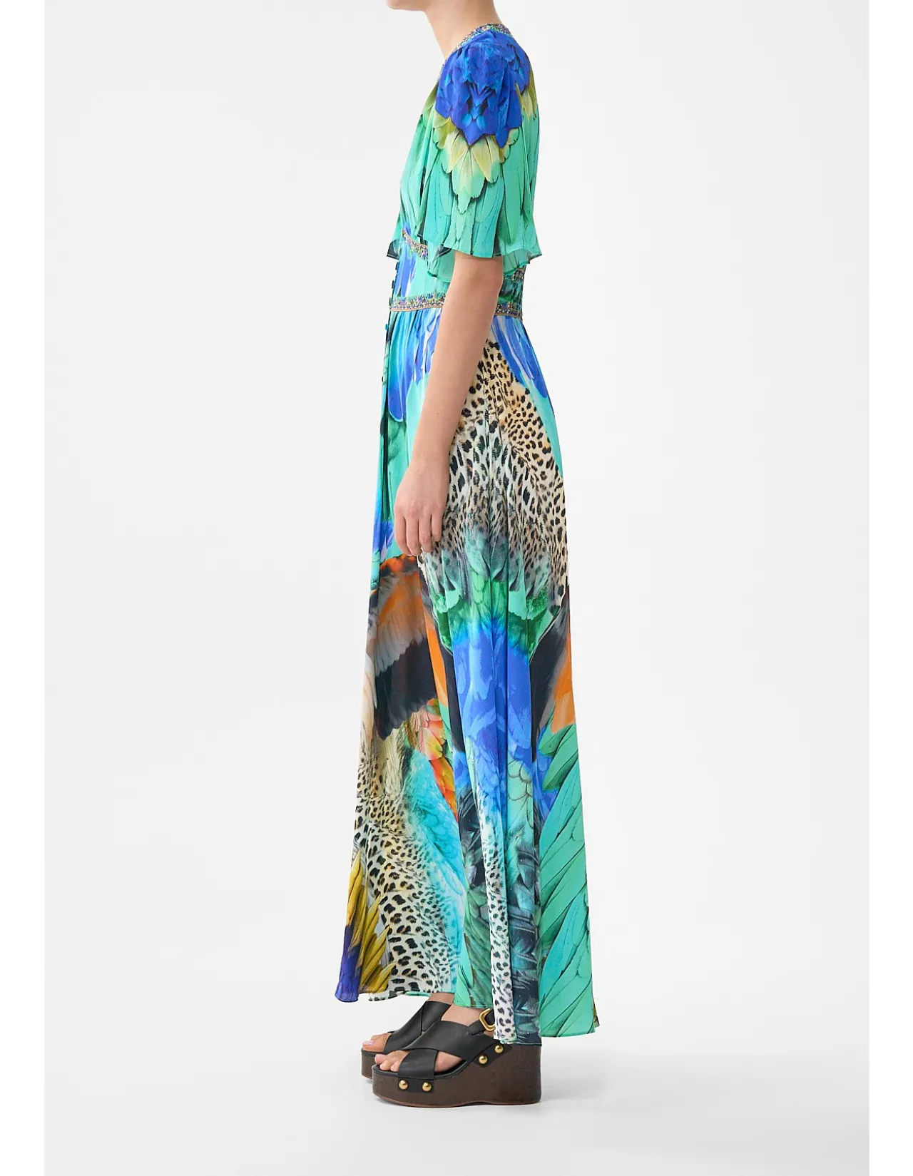 SHAPED WAISTBAND DRESS WITH FLUTTER SLEEVES
