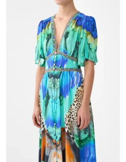 SHAPED WAISTBAND DRESS WITH FLUTTER SLEEVES