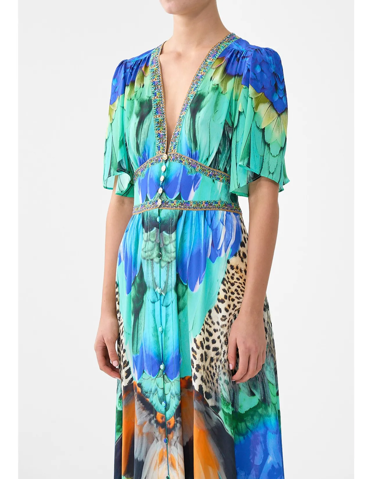 SHAPED WAISTBAND DRESS WITH FLUTTER SLEEVES