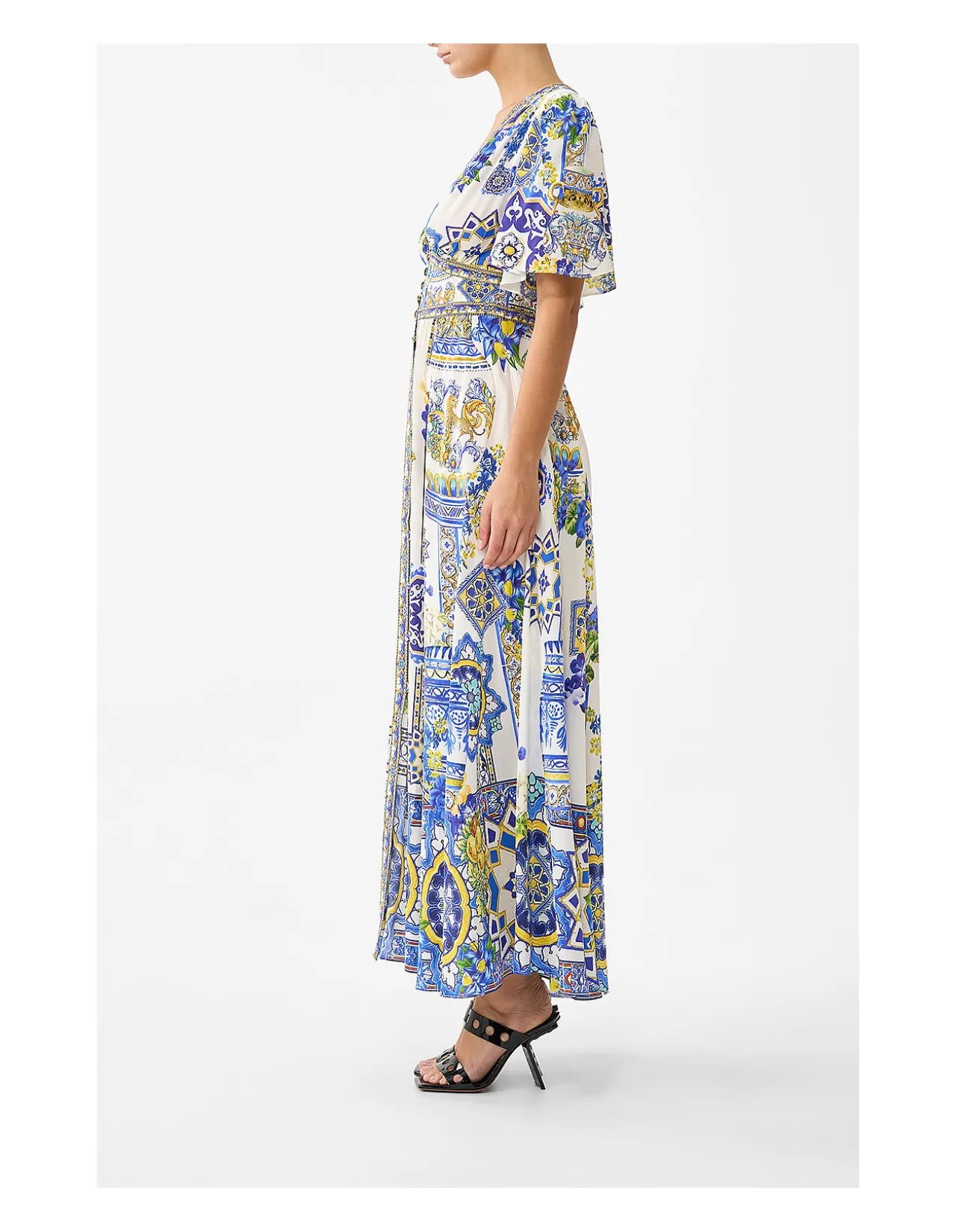 SHAPED WAISTBAND DRESS WITH FLUTTER SLEEVES