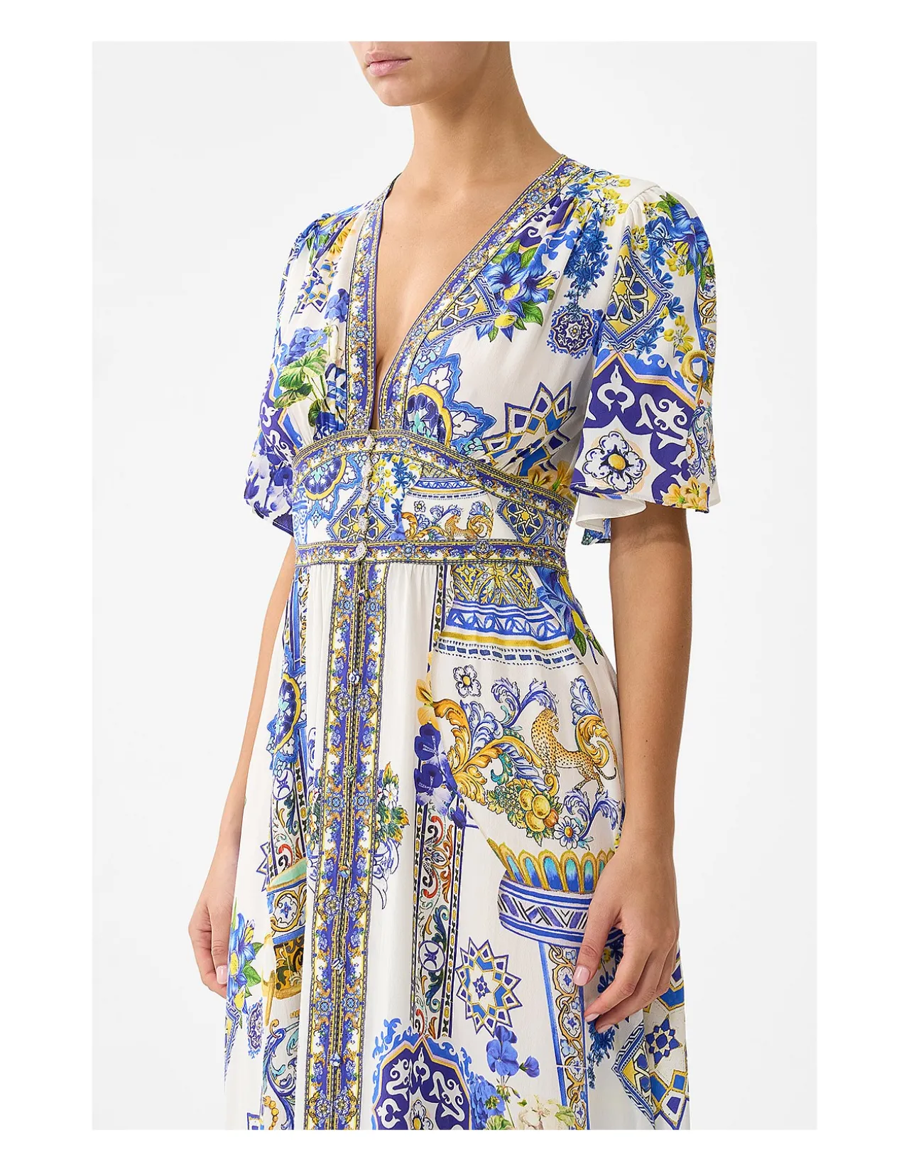 SHAPED WAISTBAND DRESS WITH FLUTTER SLEEVES