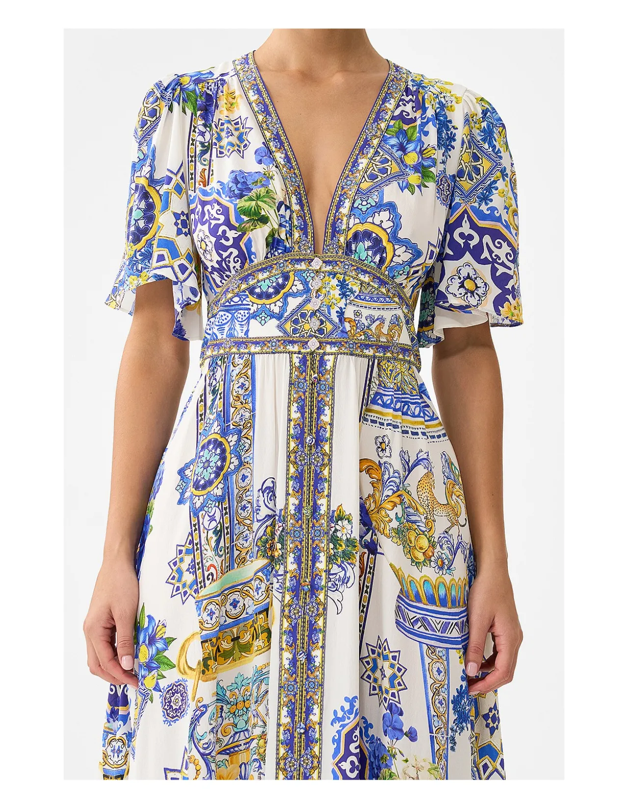 SHAPED WAISTBAND DRESS WITH FLUTTER SLEEVES