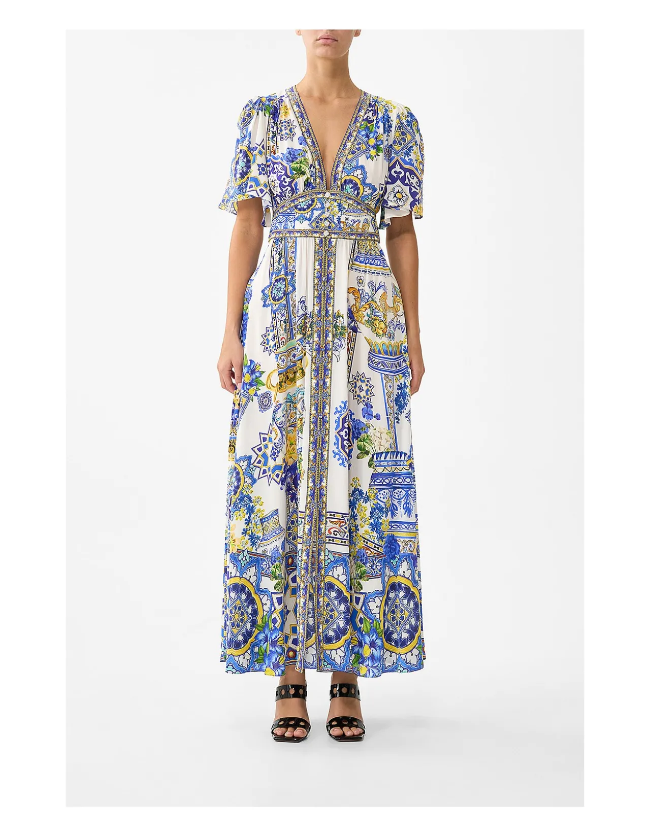 SHAPED WAISTBAND DRESS WITH FLUTTER SLEEVES