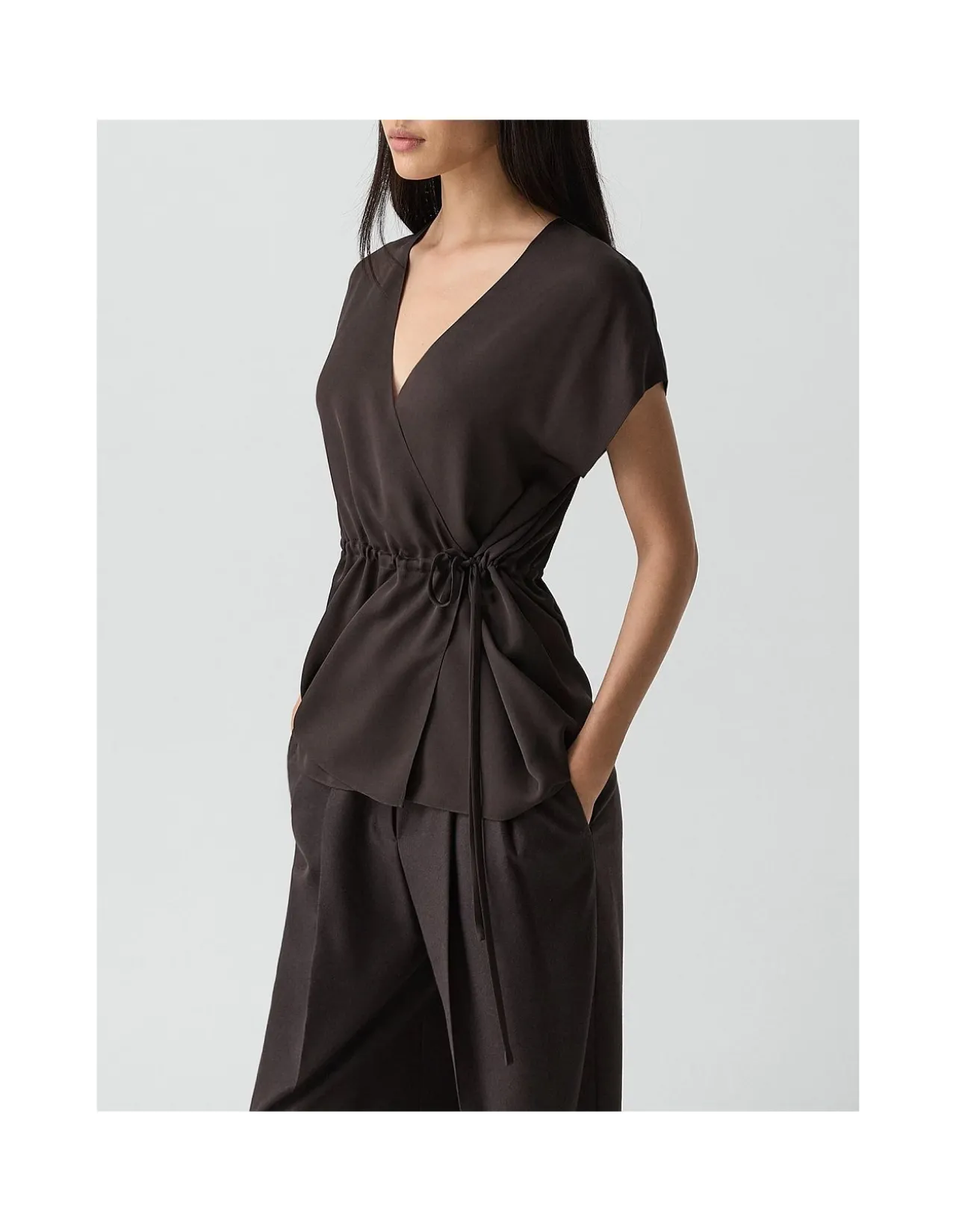 Short-Sleeve Wrap Top in Silk Georgette