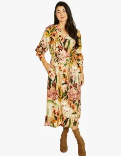 Spiced Orchids Floral Midi Tie Waist Dress