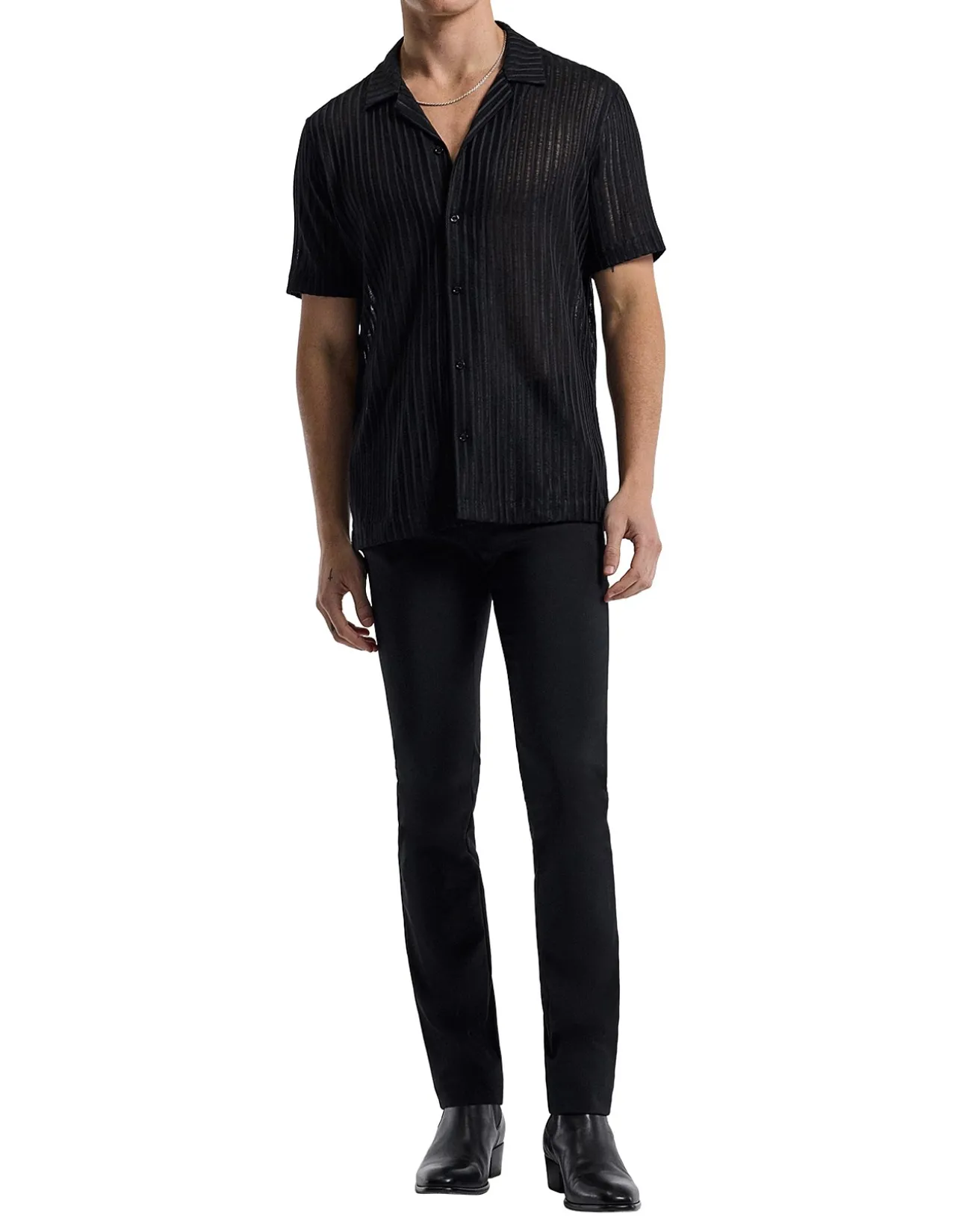 STRIPED OPEN KNIT SS SHIRT
