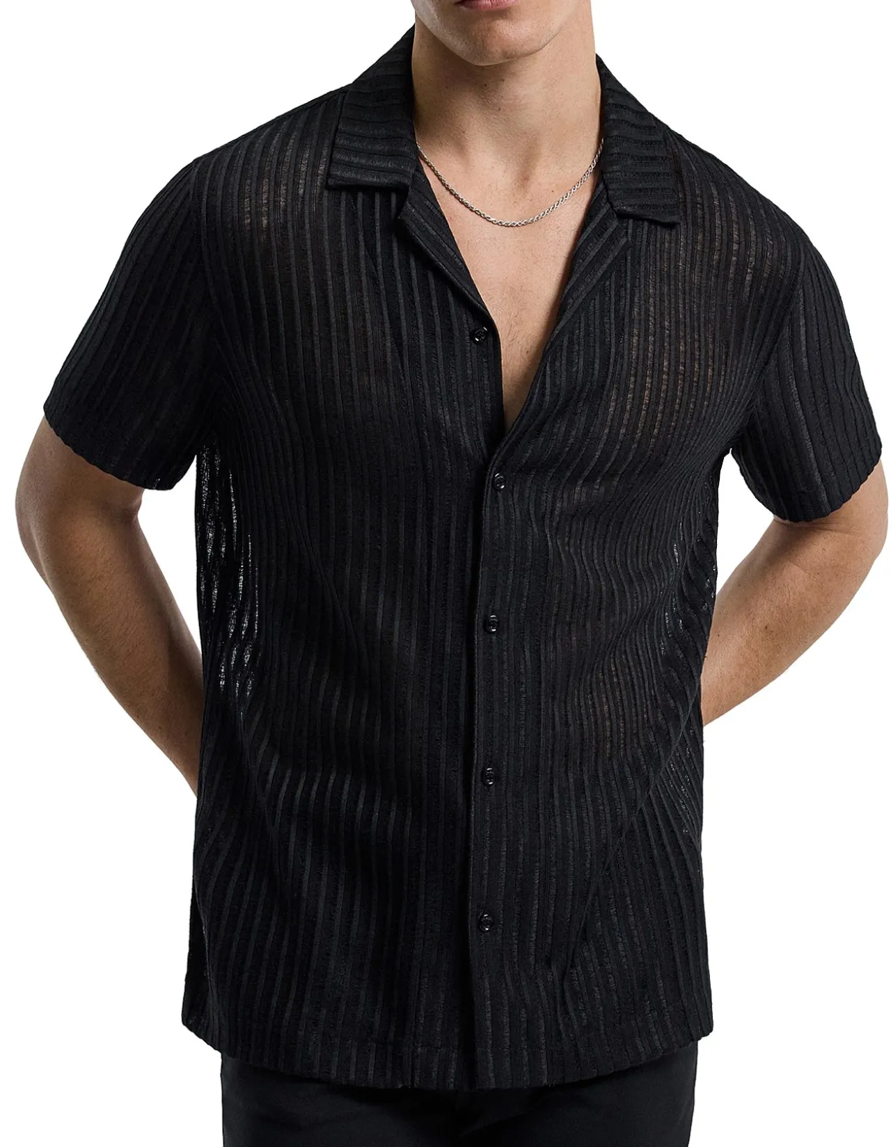 STRIPED OPEN KNIT SS SHIRT