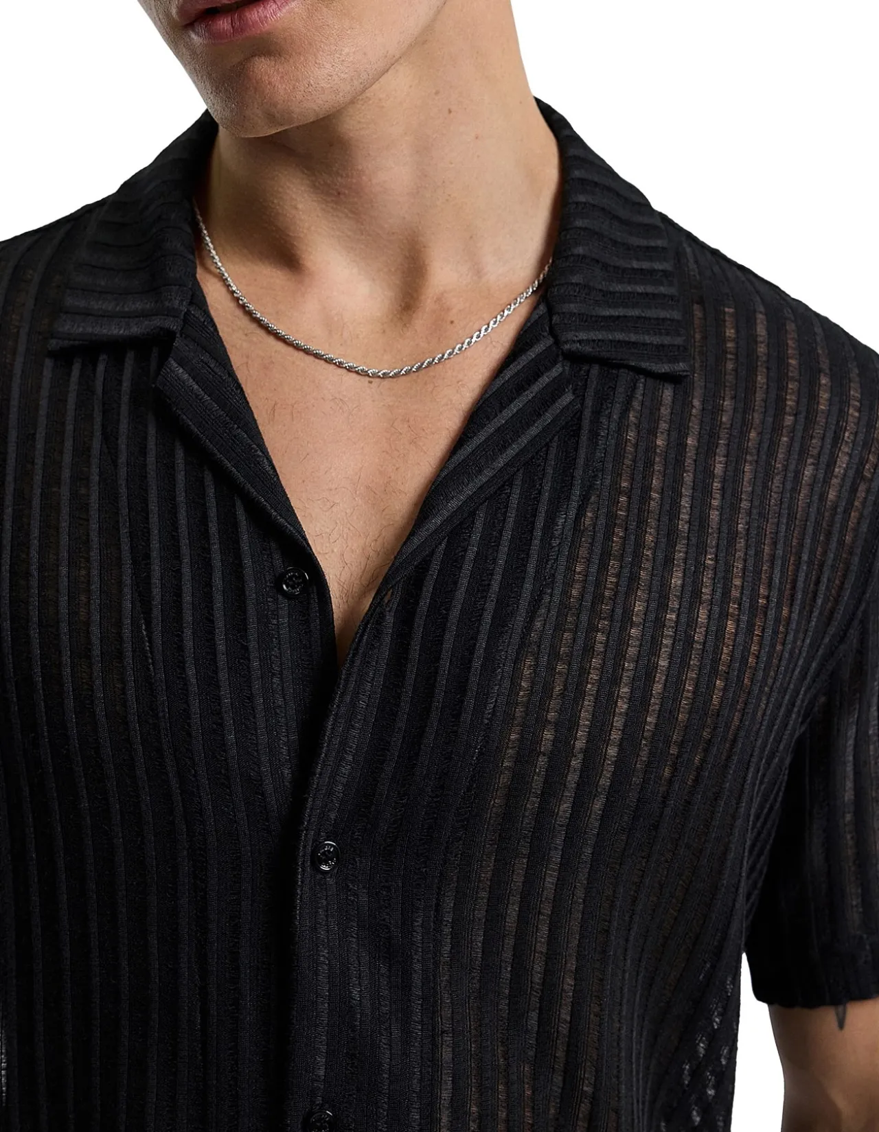 STRIPED OPEN KNIT SS SHIRT