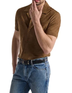 SUEDE LOOK CUBAN COLLAR SHIRT