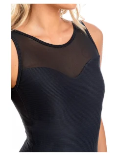 Textured Rib Mesh High Neck Tank One Piece Swimsuit