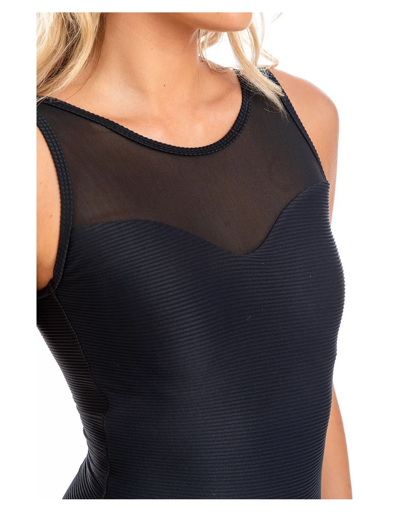 Textured Rib Mesh High Neck Tank One Piece Swimsuit