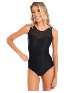 Textured Rib Mesh High Neck Tank One Piece Swimsuit