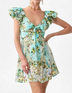 TIE FRONT FRILL SLEEVE SHORT DRESS