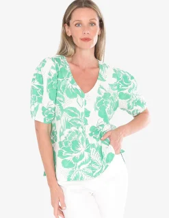 Tuscan Rose Puff Sleeve V Neck Top