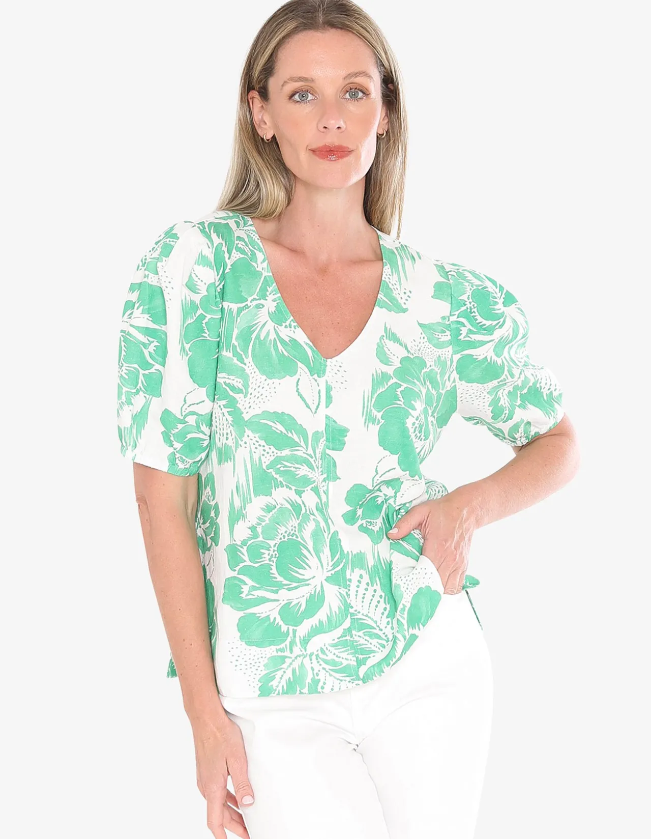 Tuscan Rose Puff Sleeve V Neck Top