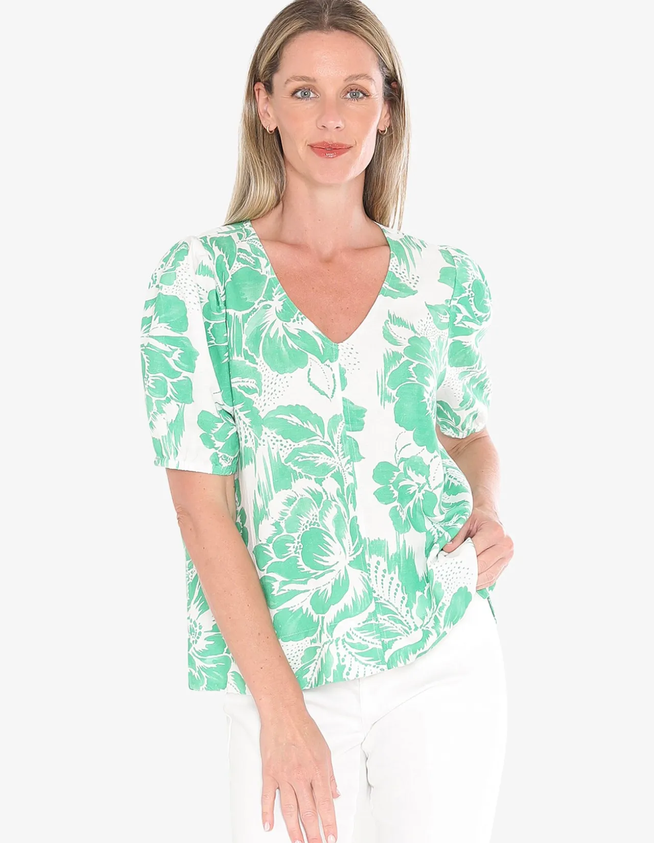Tuscan Rose Puff Sleeve V Neck Top