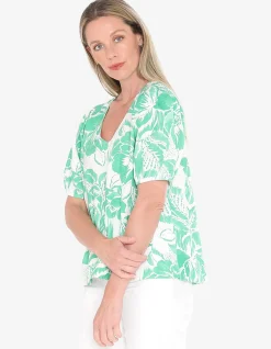 Tuscan Rose Puff Sleeve V Neck Top