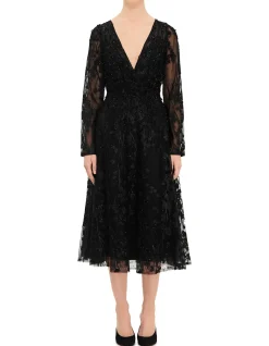 V NECK LS MIDI DRESS