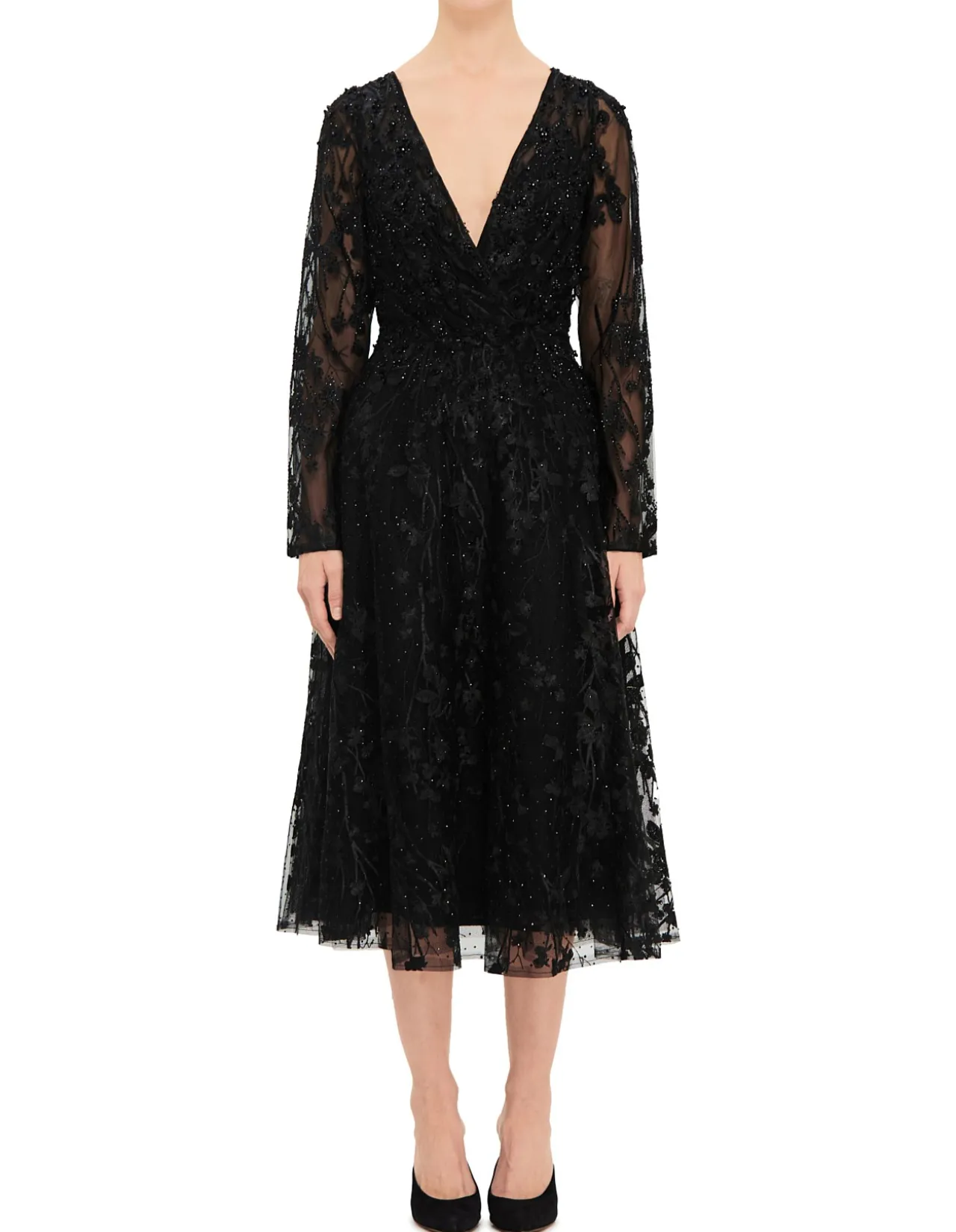 V NECK LS MIDI DRESS