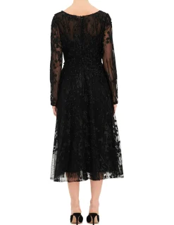 V NECK LS MIDI DRESS