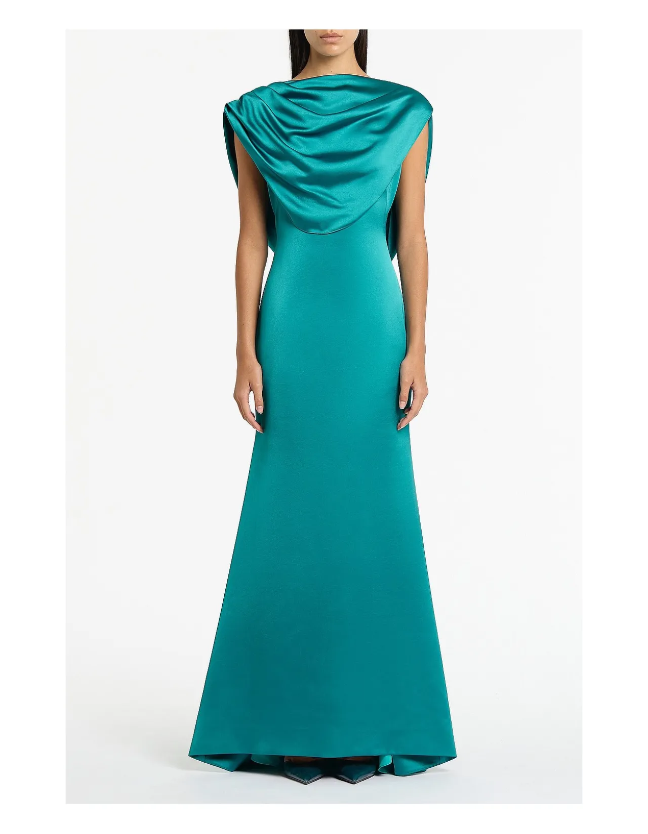 Viridian Lustre Satin Cowl Back Evening Gown