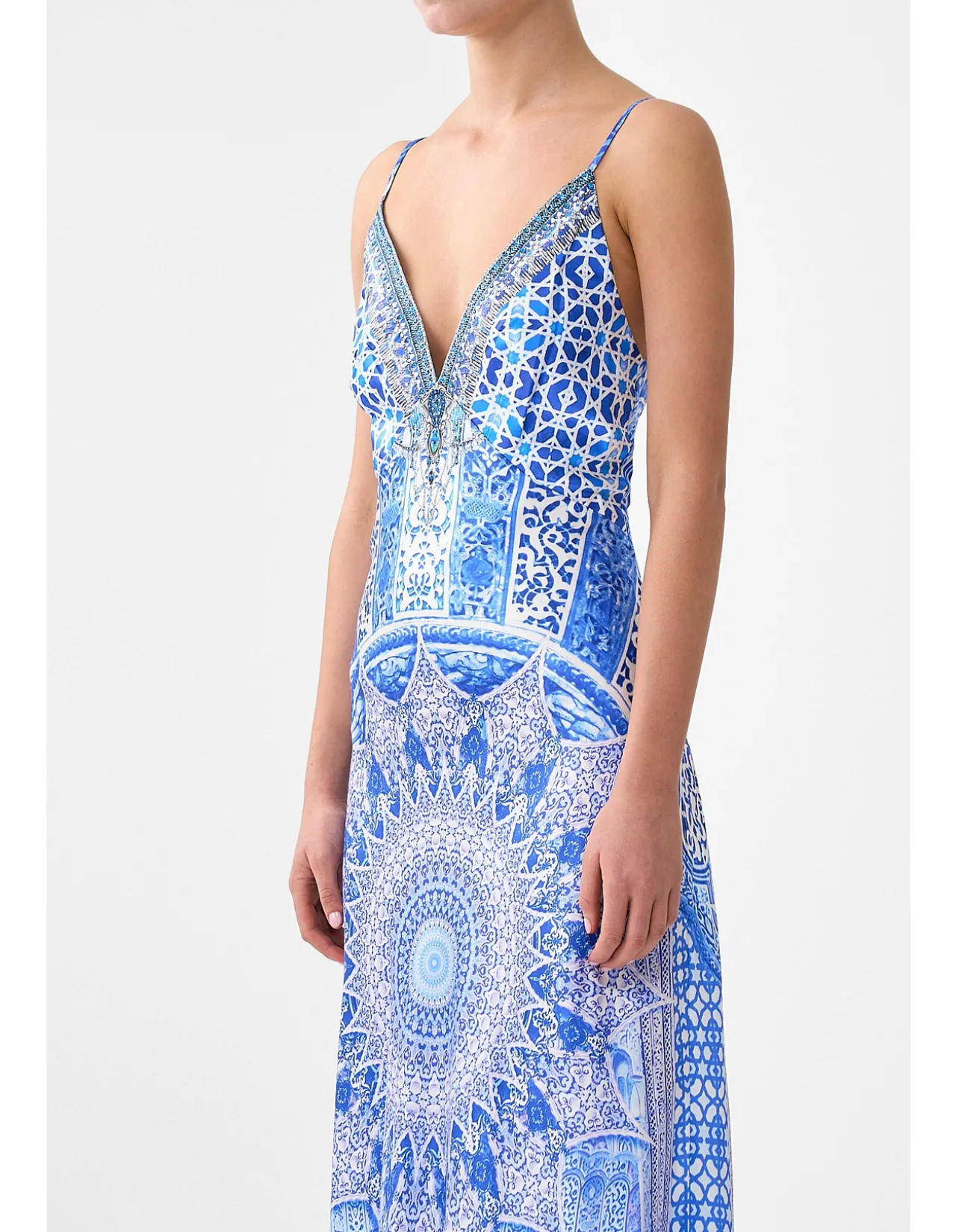 V-NECK LONG BIAS SLIP DRESS WITH TRAIN