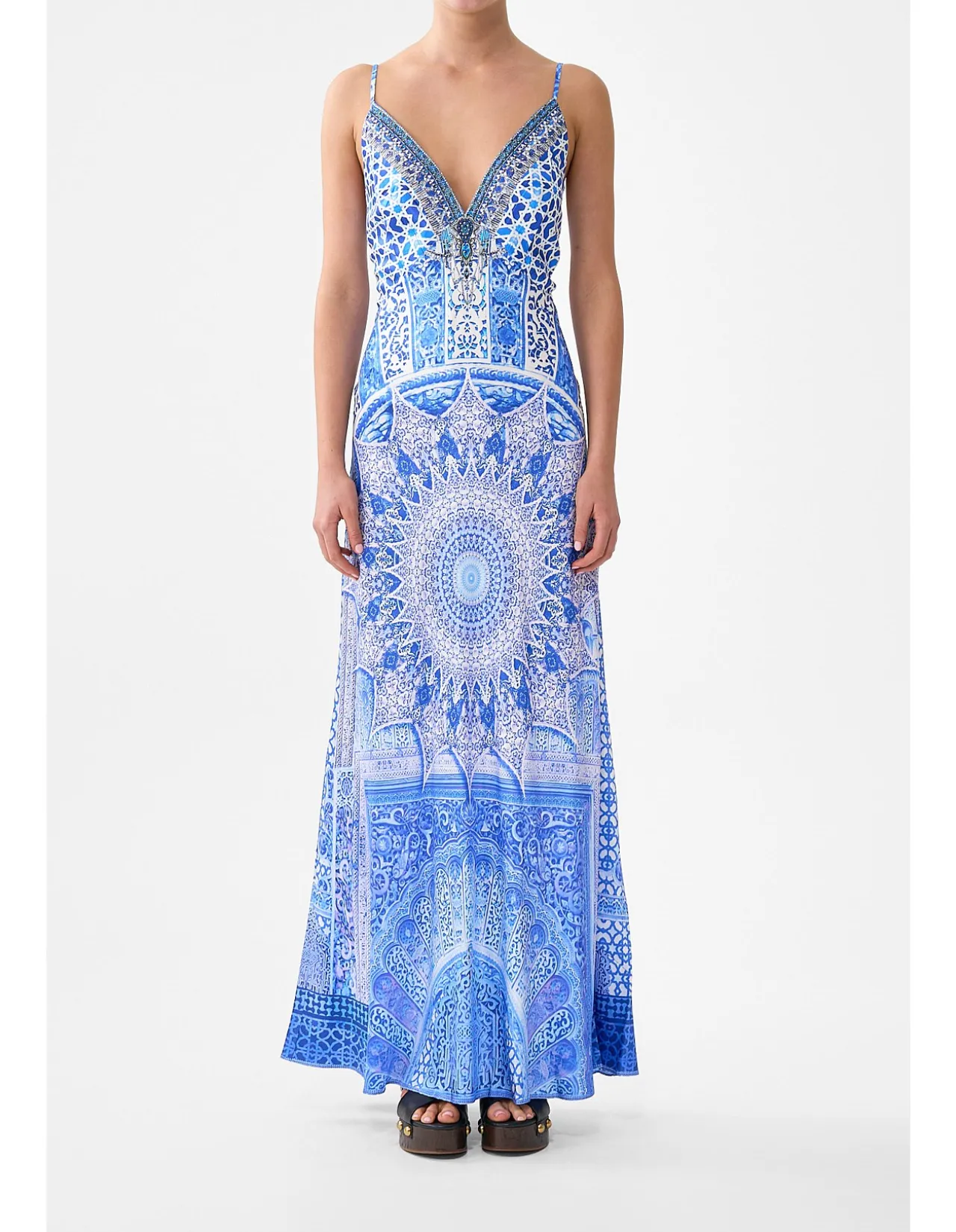 V-NECK LONG BIAS SLIP DRESS WITH TRAIN