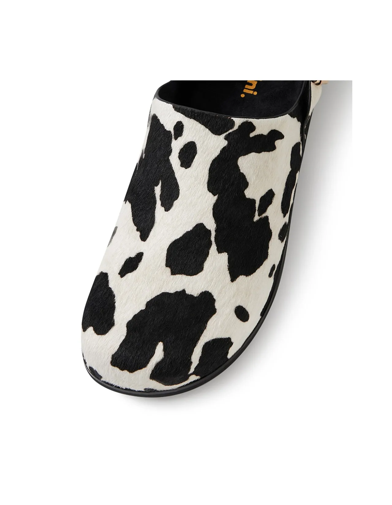 Vumina Cow Print Buckled Clog Flats