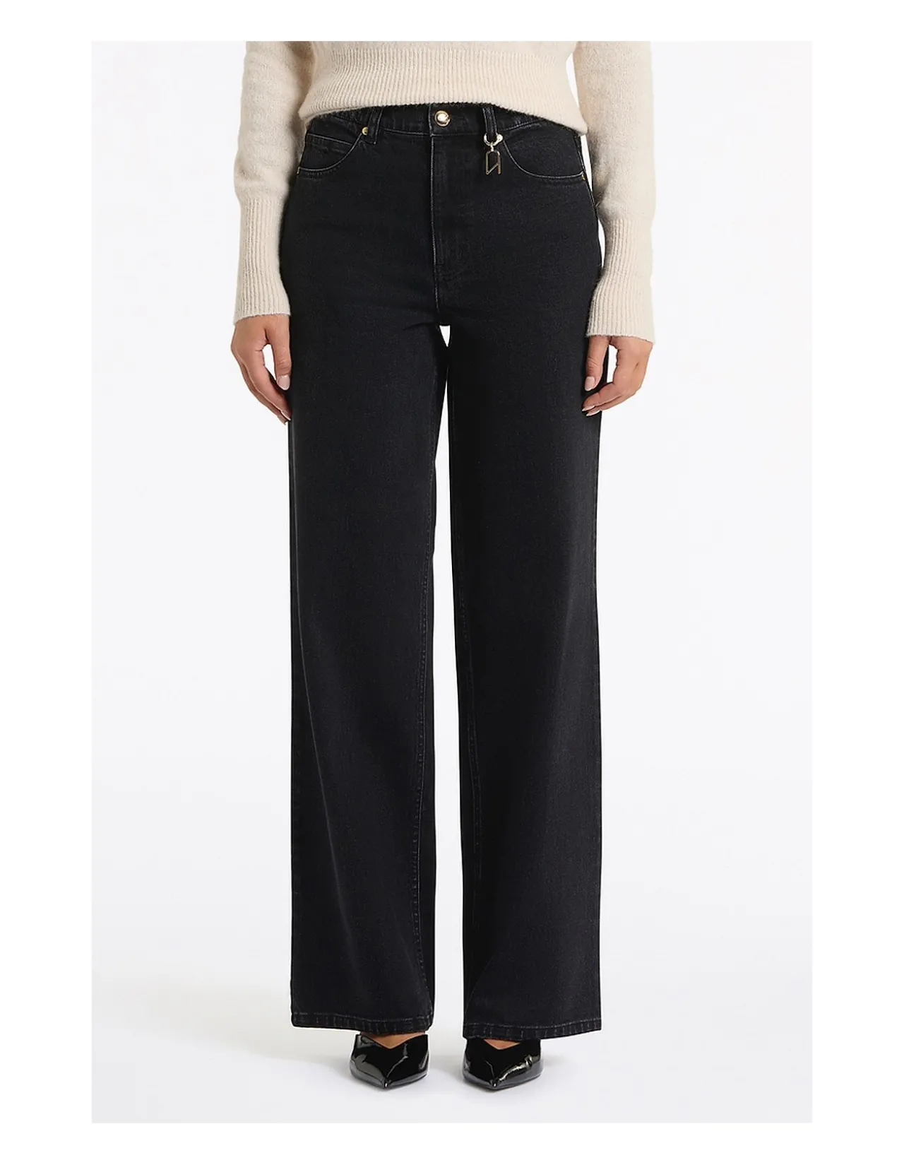 WASHED BLACK DENIM WIDE LEG PANT