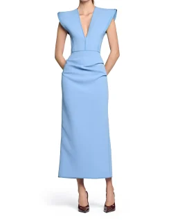 WINGTIP V NECK SL MIDI DRESS