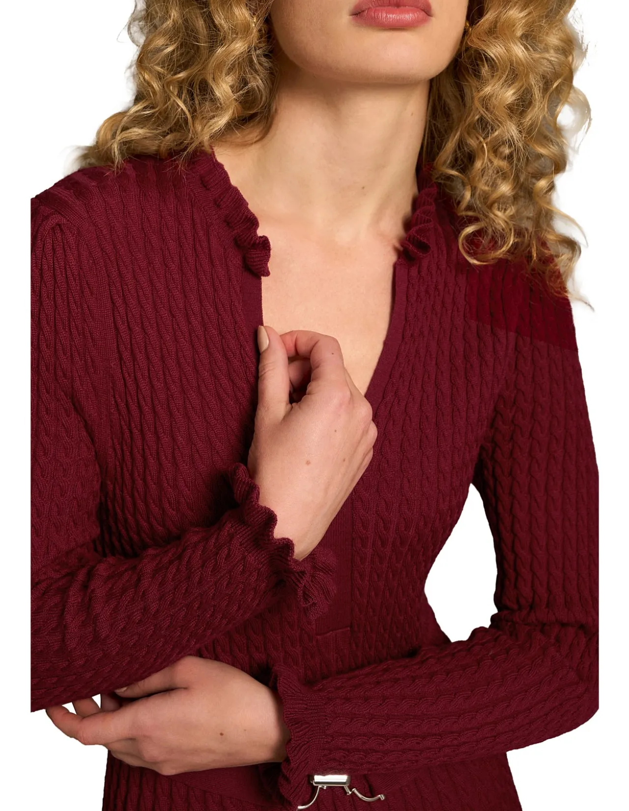 Wool Cable Knit Dress - Claret