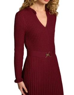 Wool Cable Knit Dress - Claret