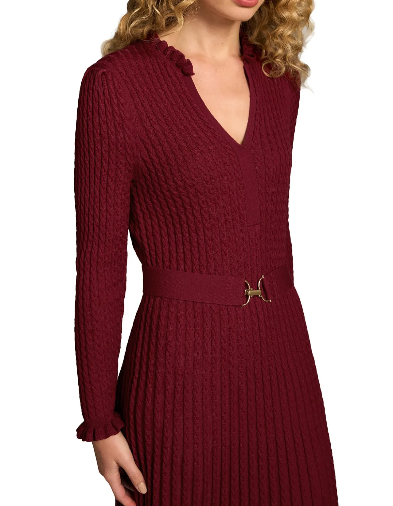 Wool Cable Knit Dress - Claret
